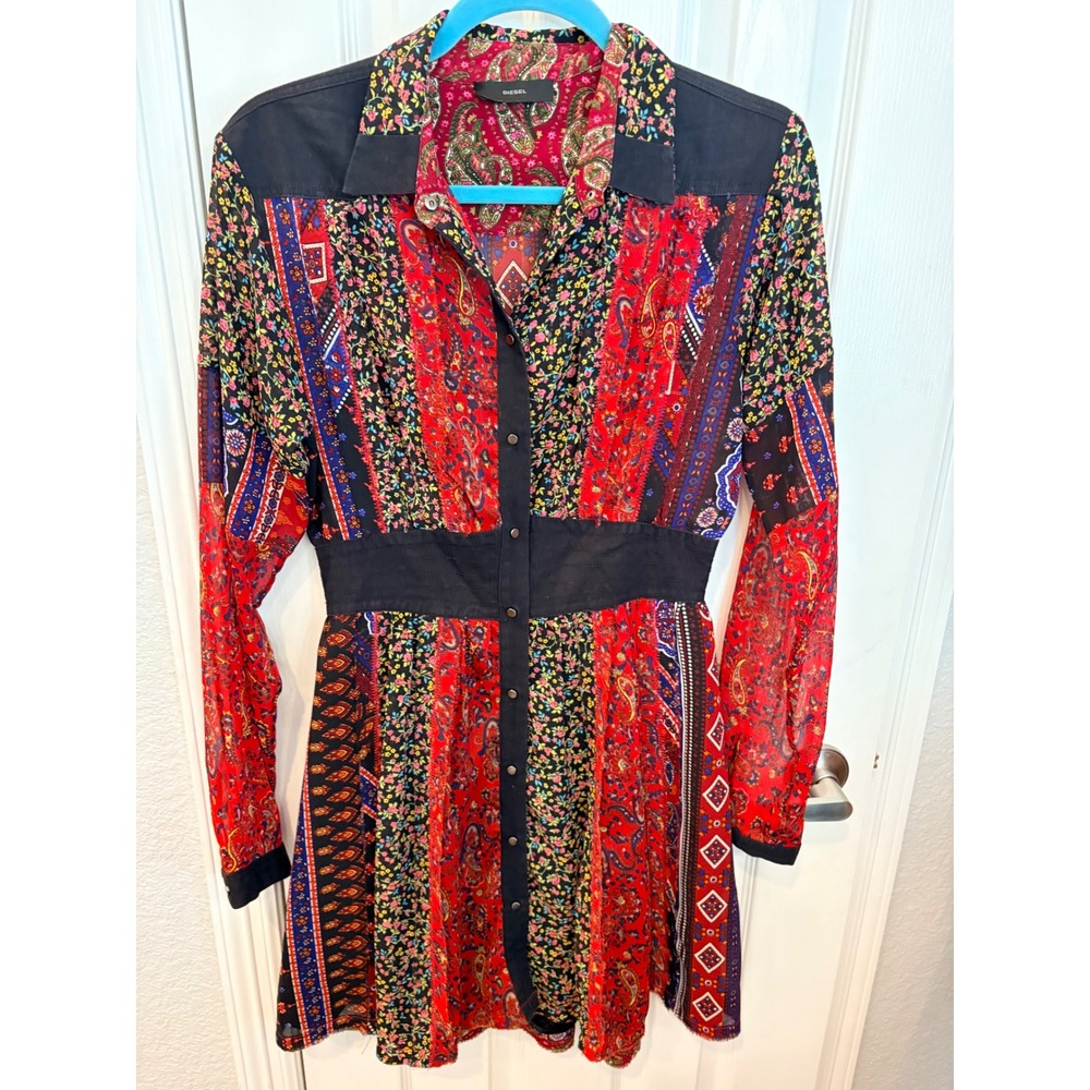 Diesel Shirt Dress Red Patchwork Paisley Floral Mixed Print Western Boho Mini